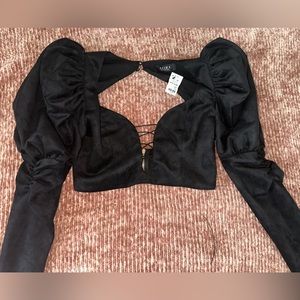 Black suede crop top with puffy sleeves, size large